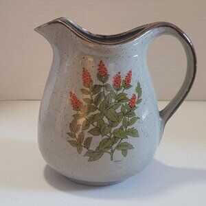 VTG  6" Pitcher Stoneware TAKAHASHI San Francisco 1970s Orange Flowers Herb BOHO